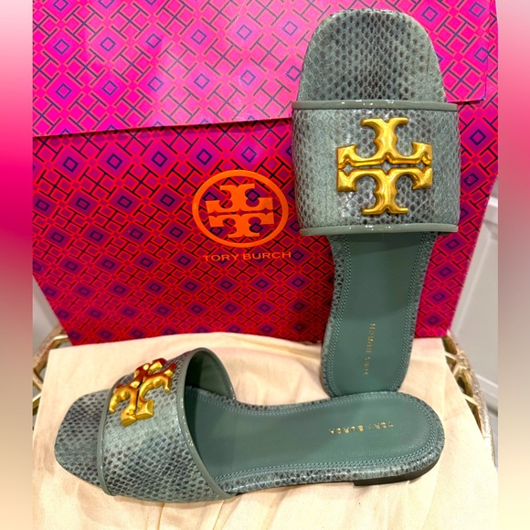 Tory Burch Shoes - ❌SOLD❌Tory Burch Eleanor Stamped Snakeskin Leather Slide in Moss Roccia/Gold